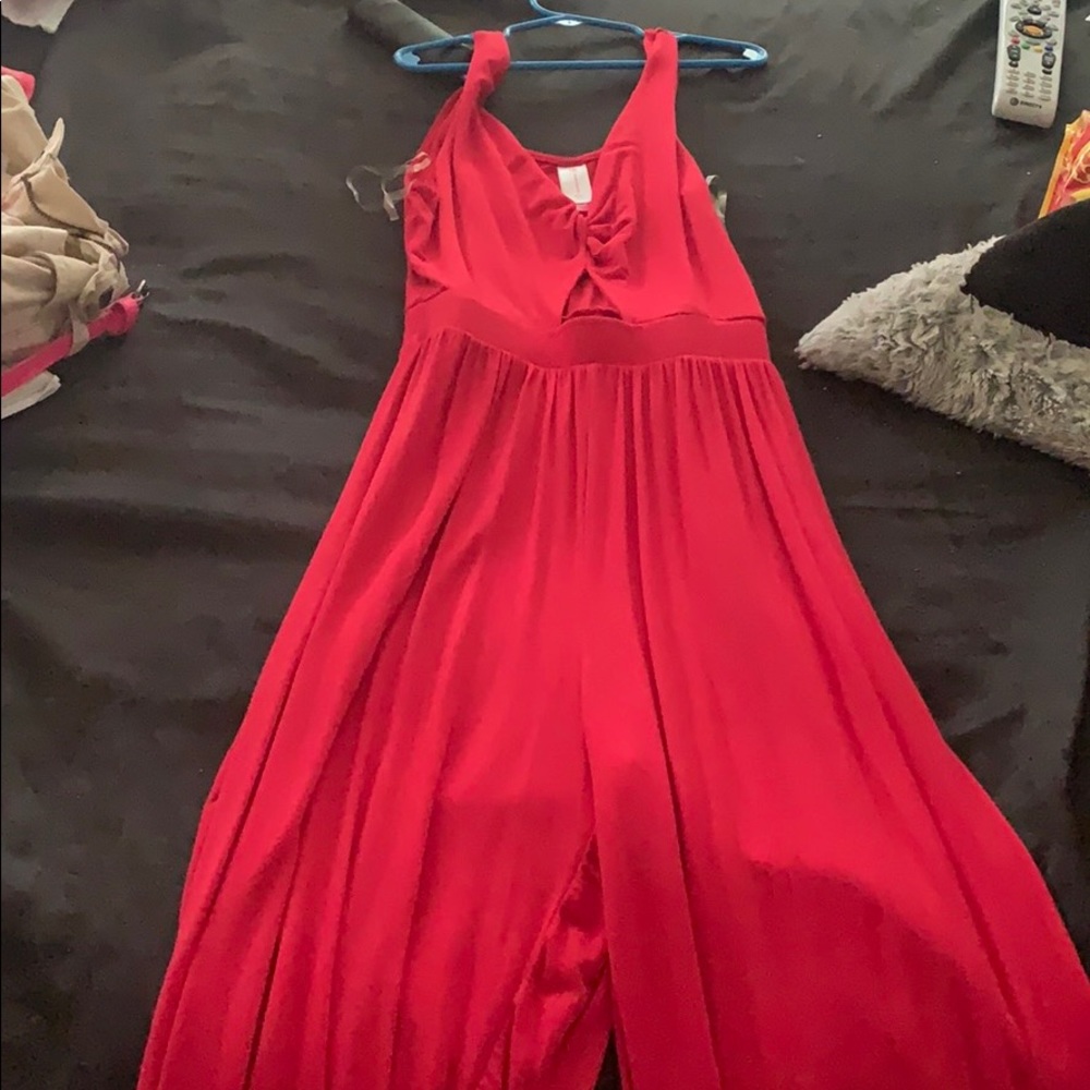 Red tie front pant romper